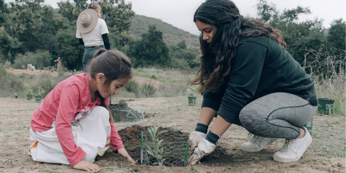 A young girl and a young woman work together to plant something in the ground