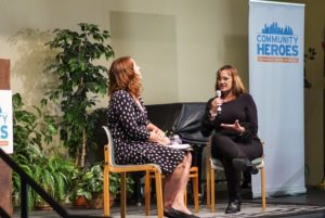 Community Hero Sherri Rubin (right) shares her story with KPBS reporter Kinsee Morlan at the latest Community Conversation on June 25.
