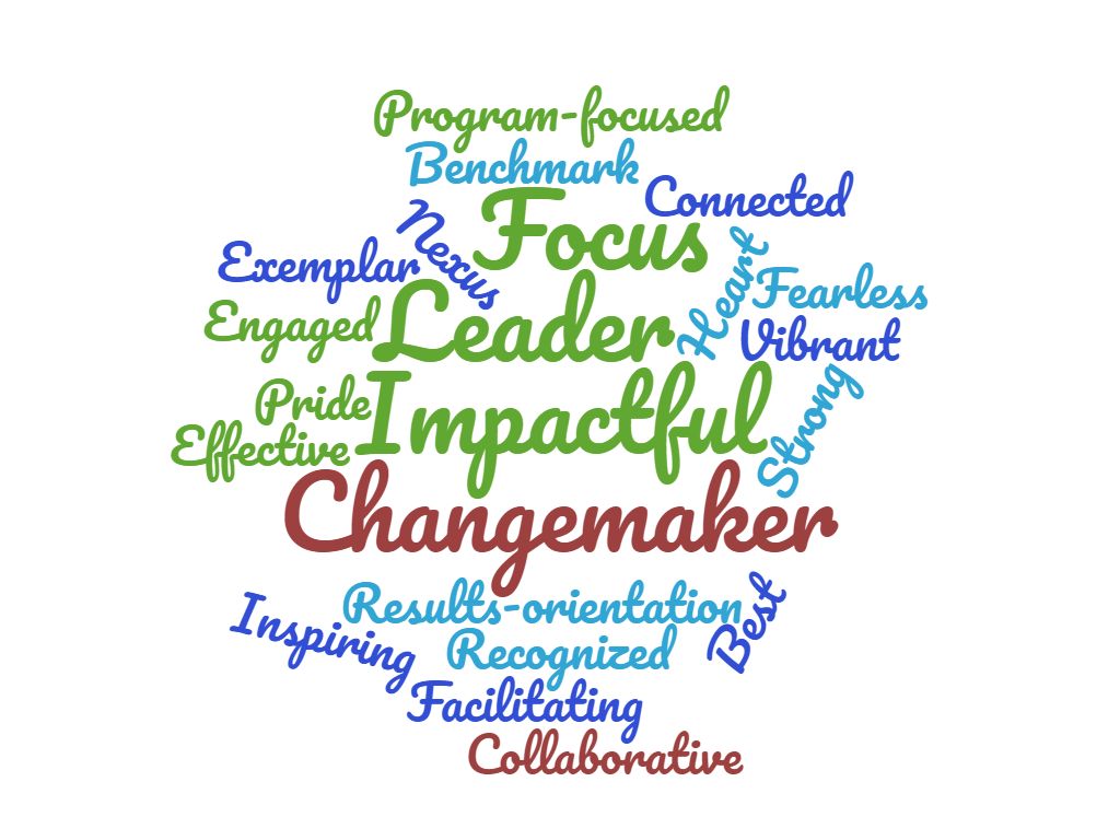 focus, leader, impactful, changemaker, program-focused, benchmark, connected, nexus, exemplar, engaged, heart, fearless, vibrant, pride, effective, strong, results-oriented, recognized, best, inspiring, facilitating, collaborative
