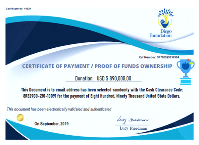 Fake official-looking certificate showing a logo with "Diego Foundation"