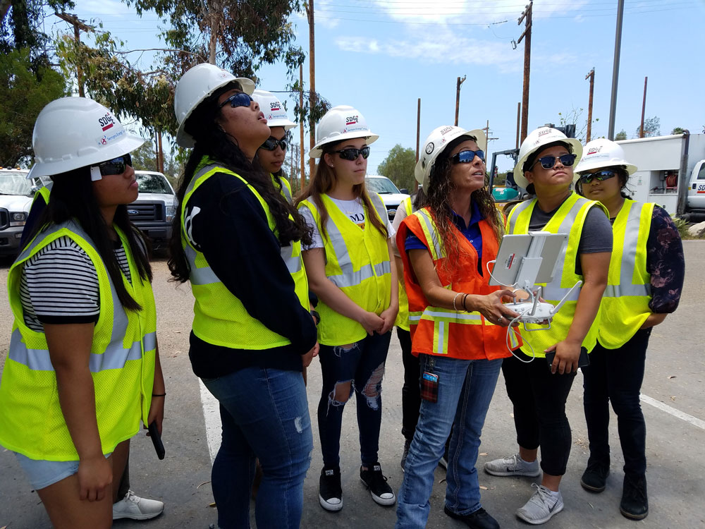 Group of students wearing safety vests and hard hats for SDG&E field trip