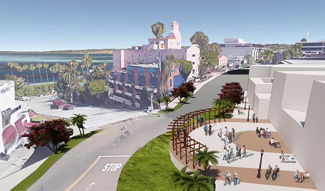 The La Jolla Village Streetscape plan will transform the north end of Girard Avenue at Prospect Street into a promenade overlooking Cove Park (Image courtesy of M.W. Steele Group)