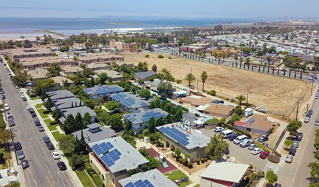 The BQuest Foundation solar panel financing program, SunForAll, lowers utility costs for families and nonprofit organizations, such as this property managed by SBCS (formerly South Bay Community Services).