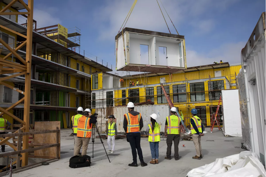 A new housing development is being built out of shipping containers for people experiencing homelessness on Monday, July 10, 2023 in San Diego, California. The project, known as PATH Villas El Cerrito, is being done by People Assisting the Homeless. Phase 1 will have 40 affordable rental housing units for people experiencing homelessness.