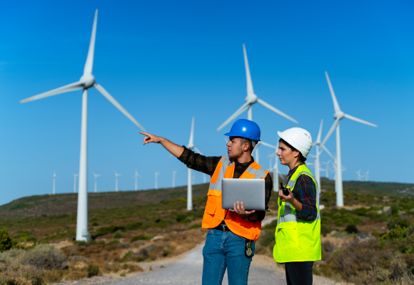 Wind energy workers having a discussion