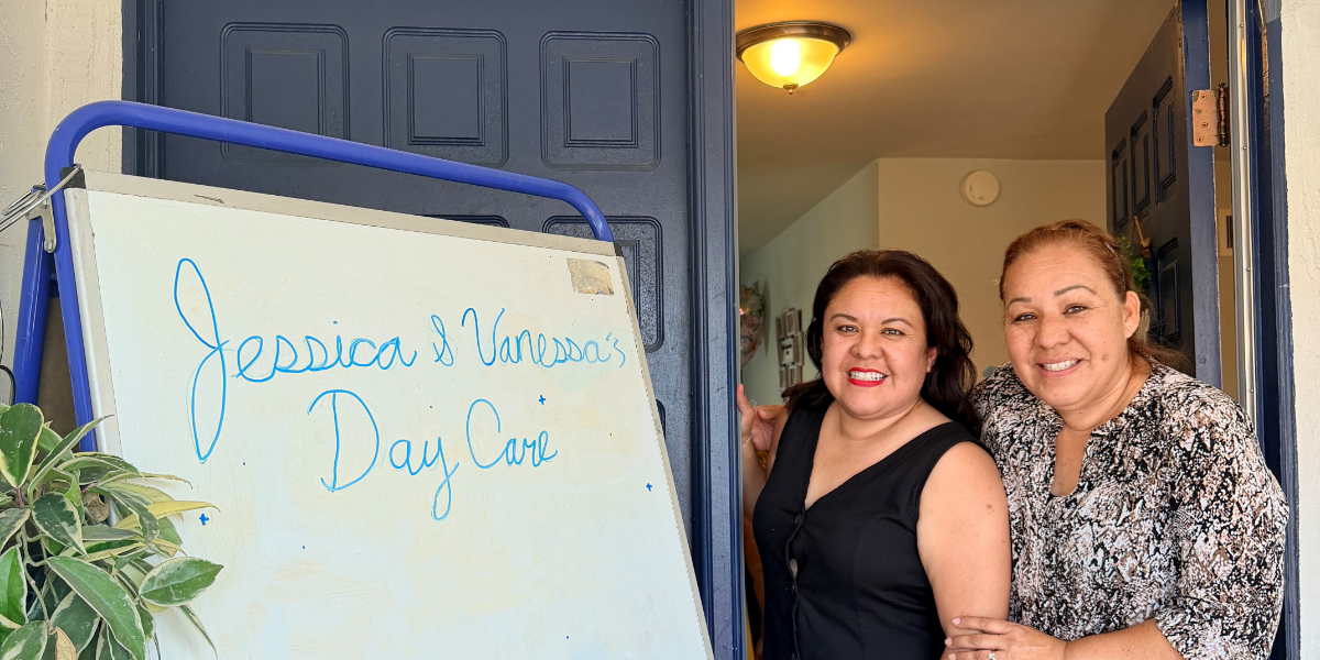 María de la Luz Oceguera at the entrance of her daycare center